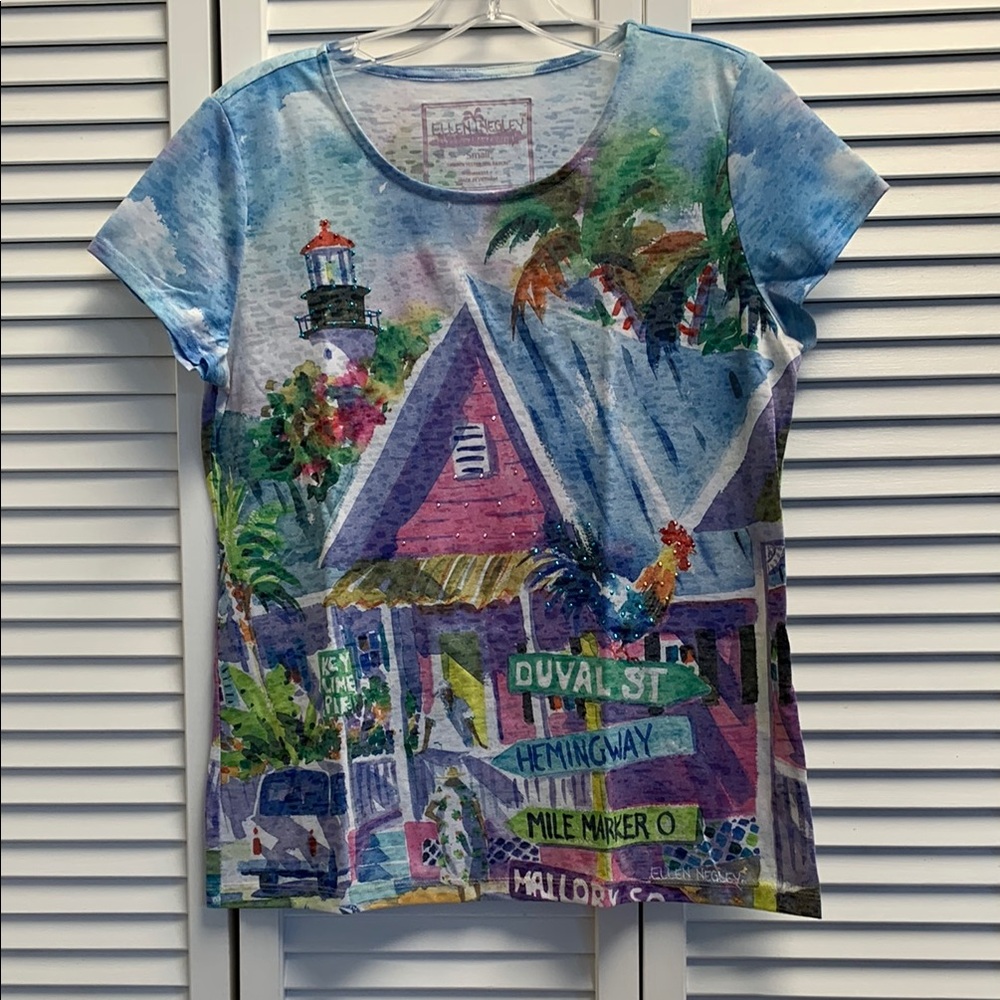 Vibrant Blue Short Sleeve Tee with Tropical Art
